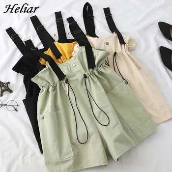 

HELIAR Overalls Female Rompers Adjustable Drawstring Playsuits Button Rompers Elastic Waist Lady 2019 Summer Fashion Playsuits