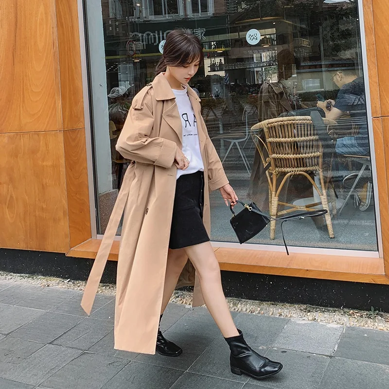 

Photo Shoot Long Coat 2019 Autumn New Style WOMEN'S Dress Retro British Style Double Breasted Fold-down Collar Waist Hugging Lac