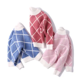 

Girls sweater sets of new velvet round neck sweater diamond pattern children thick soft comfortable girls baby warm sweater