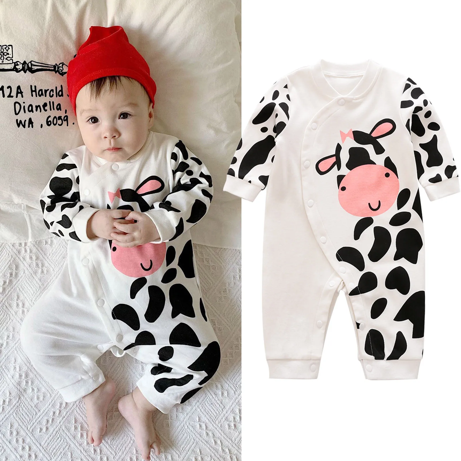 

0-18Months Baby boy girl long sleeve cartoon cow print one-piece romper romper trousers to keep warm my first christmas girl M4