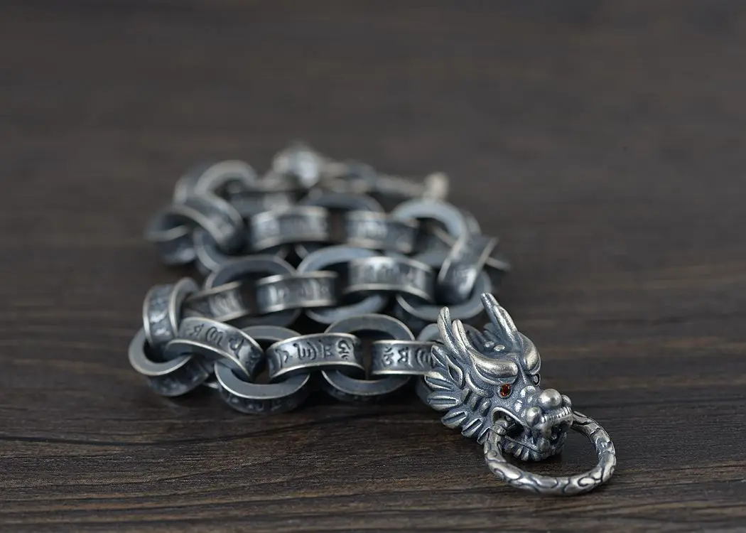 2021 New 100% ture Solid S925 silver antique Thai silver bracelet for Man six-word mantra leading silver bracelet men's bracelet