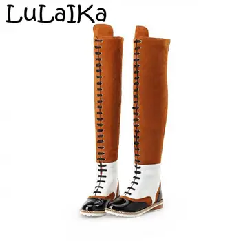 

Runway Design 2020 Ladies New Autumn And Winter Fashion Suede Stitching Round Head Lace-up Metal Decoration Unique Martin Boots