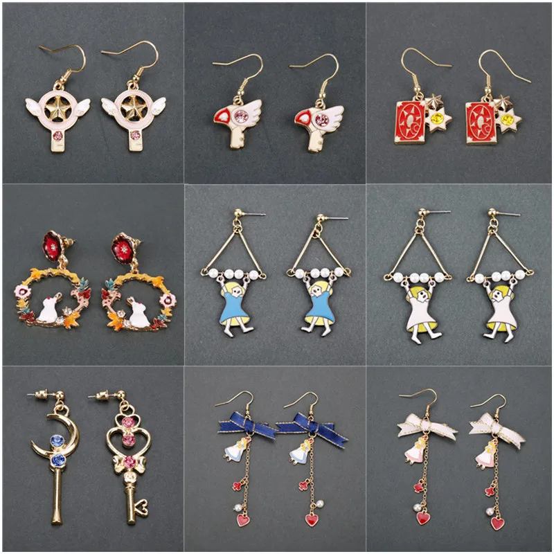 

Anime Cardcaptor Sakura Sailor Moon Drop Earrings For Women Cartoon Enamel Alice in Wonderland Drop Earrings For Women Cosplay