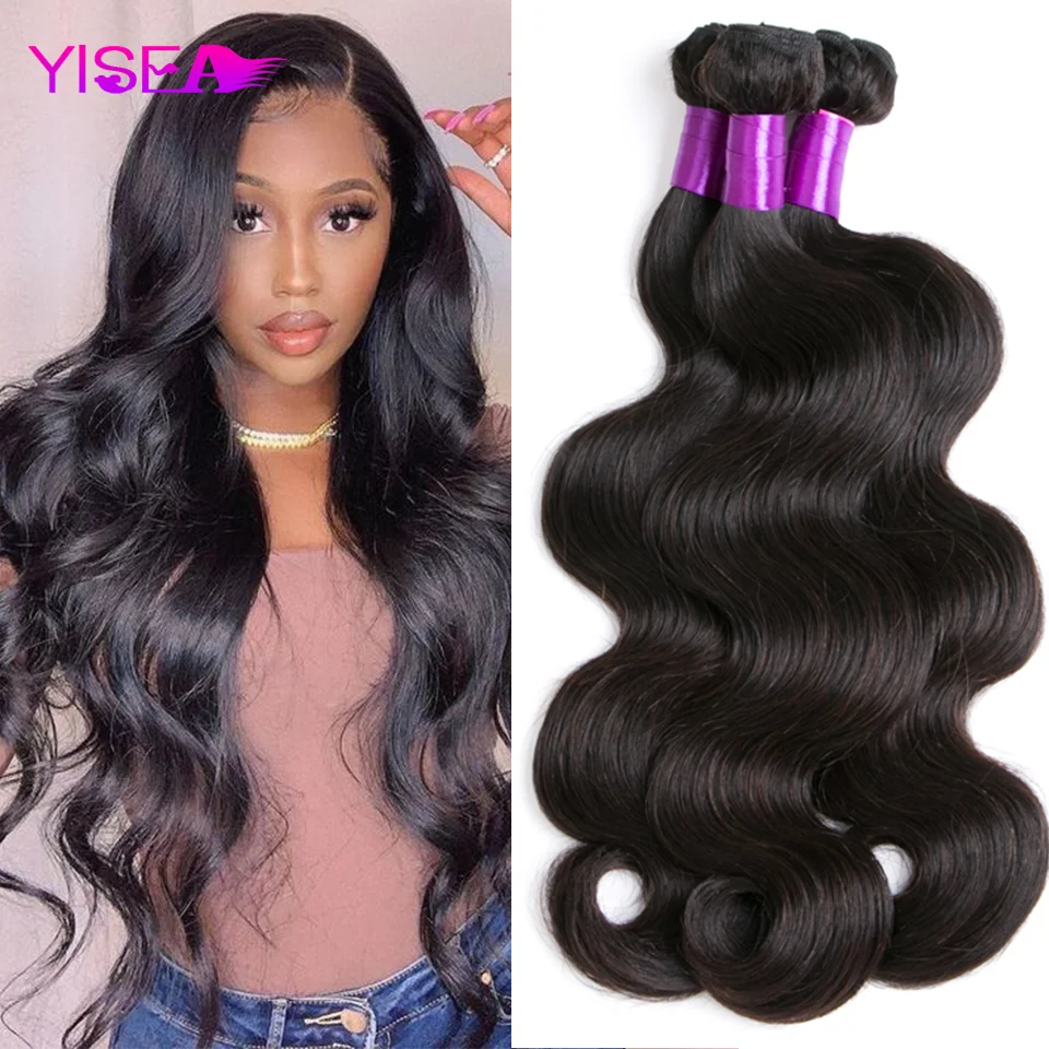Gran venta Yisea onda del cuerpo mechones brasileño mechones de cabello humano postizo mechones 1/3/4 Uds negro Natural/pelo negro azabache extensiones de cabello humano 8-30 en Myw5eQJpk6n