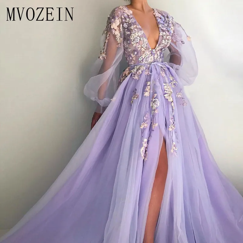MVOZEIN фиолетовые Вечерние платья Sheers A-Line Глубокий v-образный вырез с длинными рукавами кружева Appliue длинное вечернее платье robe de soiree