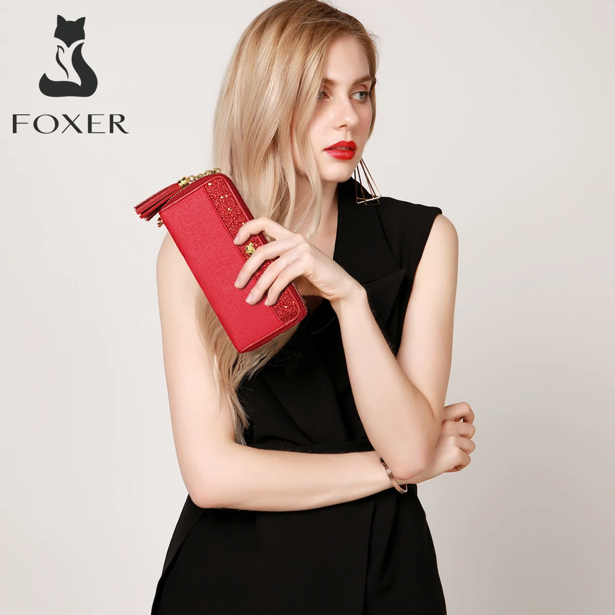 FOXER Women's Wallets Glitter Cowhide Leather Clutch Zipper Wallets with Wristle Female Phone Holder Purse Lady Clutch Phone Bag FOXER Women's Wallets Glitter Cowhide Leather Clutch Zipper Wallets with Wristle Female Phone Holder Purse Lady Clutch Phone Bag