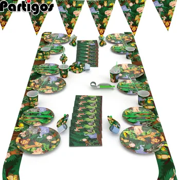

Cartoon Jungle Animal Disposable Party Tableware Sets for Animal Theme Party Decor Tablecloth Plate Napkin Kids Birthday Supply
