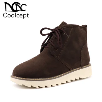 

Coolcept Nubuck Leather Women Ankle Boots Thick Bottom Lace Up Winter Flat Footwear Keep Warm Snow Boots Size 34-43
