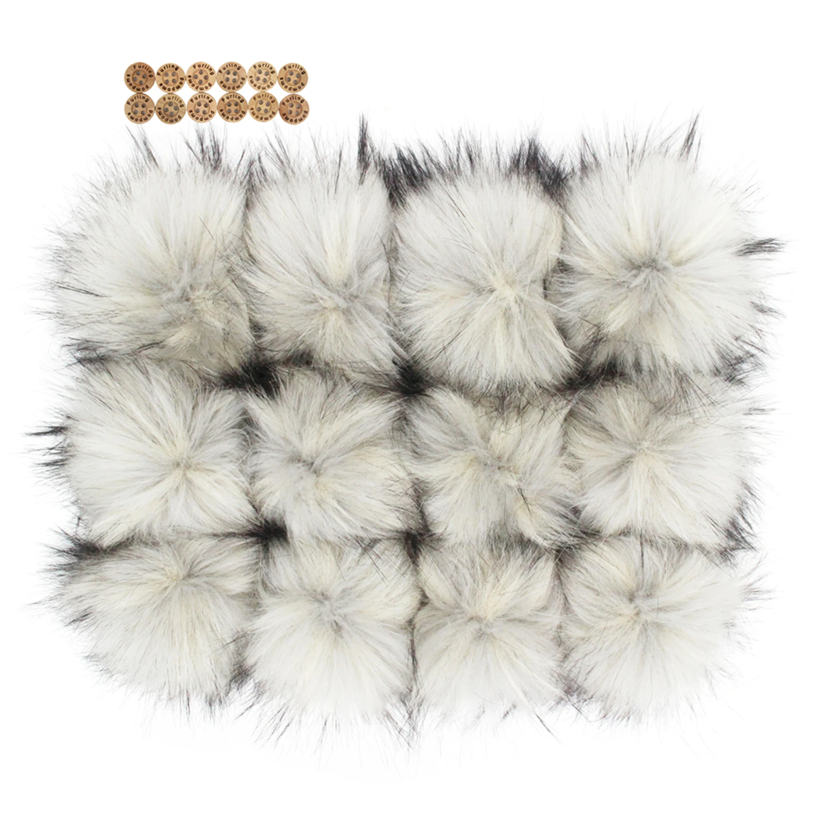 Furling 16CM /6.3inch Pack of 12 Large Faux Raccoon Fur Pompoms for Hats  with Wood Buttons 12Colors