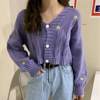 

2020 Fashion Tops Women's Embroidered Sweater Autumn And Winter Knit Loose Casual Wild Top Coat Women Cardigan Dropshipping