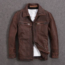 Винтажная коричневая Мужская Американская Повседневная стильная кожаная куртка размера плюс XXXXXL из натуральной толстой воловьей кожи осеннее кожаное пальто