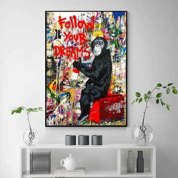 

Canvas Paintings Monkey Abstract Follow Your Dreams Graffiti Street Art Posters And Prints Animals Wall Pictures Home Decor