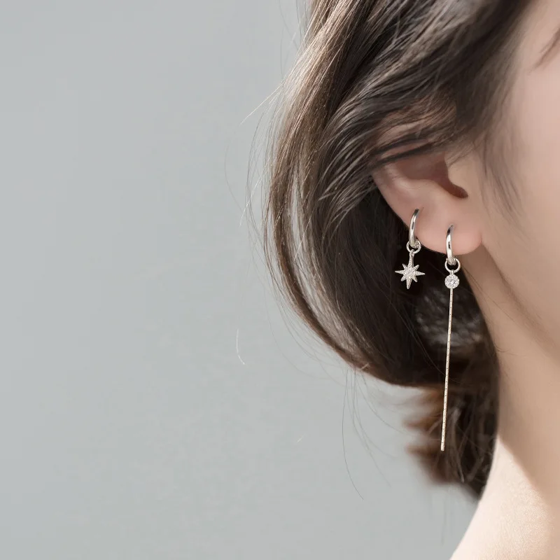 Silver Color Star Tassel Asymmetric Hoop Earrings Women Round Disc Gold Earrings CZ Wedding Jewelry S-E1344