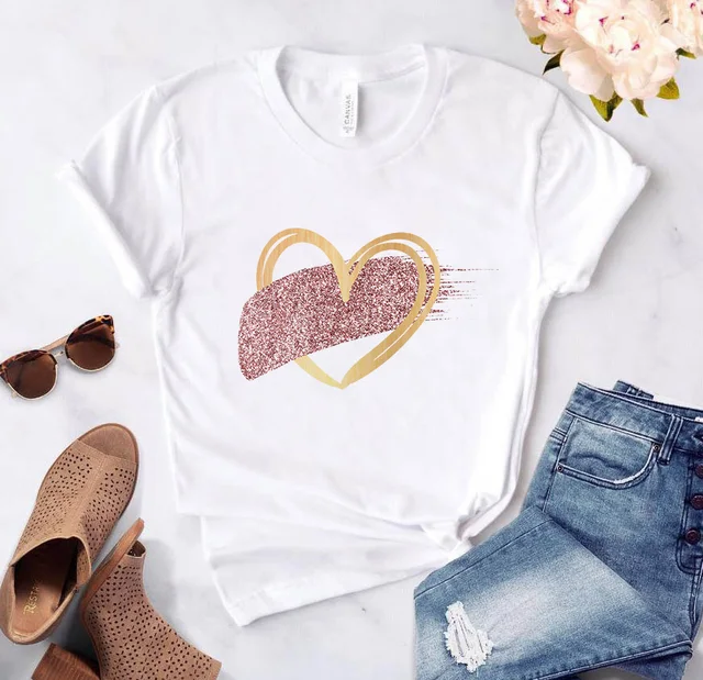 Heart flower print ladies T-shirt ladies casual basis O-collar white shirt short sleeve ladies T-shirt love graphic printing 29183
