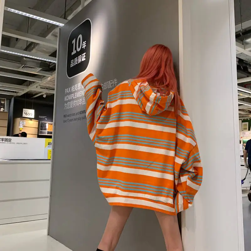 4XL негабаритная полосатая толстовка с капюшоном и длинными рукавами, Женская толстовка с капюшоном, свободная уличная одежда для девочек, осенняя безрукавка с принтом