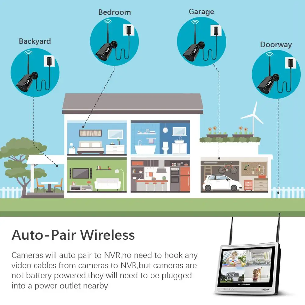 TMEZON 4CH 1080P Беспроводная система видеонаблюдения 12 дюймов светодиодный экран Wifi NVR 2MP наружная камера ночного видения