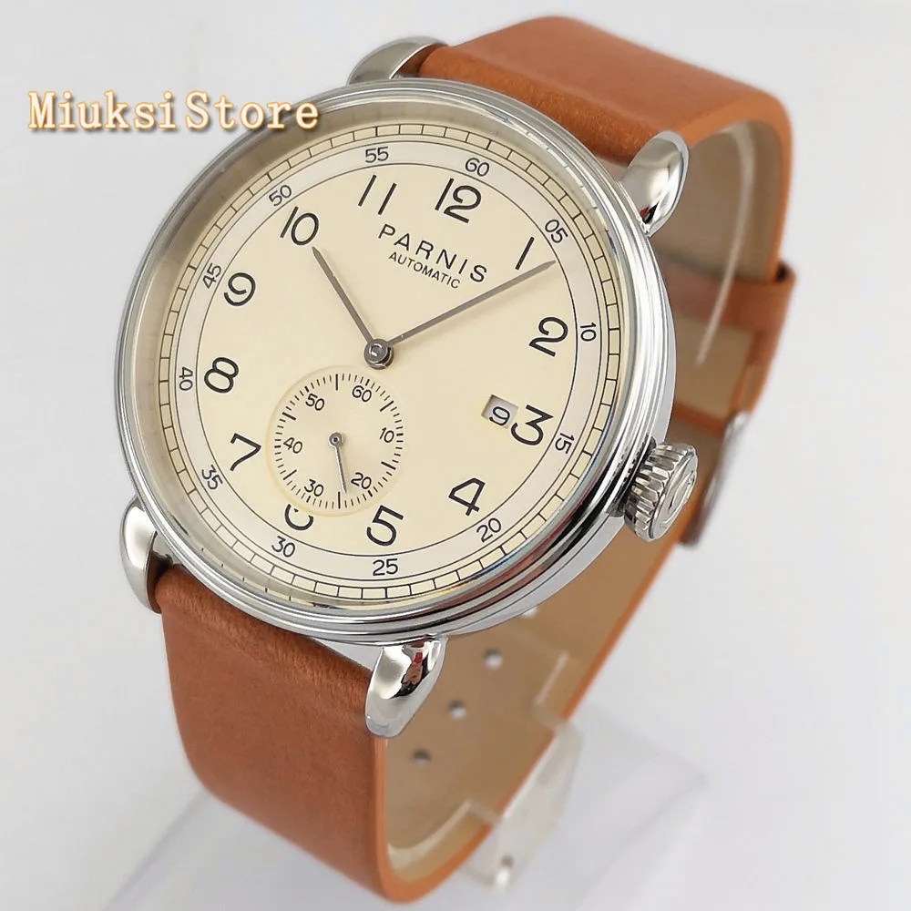 42mm top brand Parnis new men's mechanical watch silver case date leather seagull 1731 automatic movement fashion watches