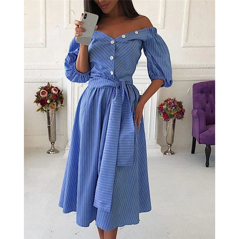 New Fashion Women's Off Shoulder Half Sleeve Pleated Dress V Neck Stripe Midi Dress Ladies Casual Holiday Party Wear Summer