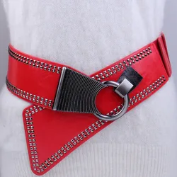 Women Fashion Luxury Punk Rivet Metal Buckle belt Wide Stretch Leather Cummerbunds Strap Lady Dress Corset Waistband Accessories