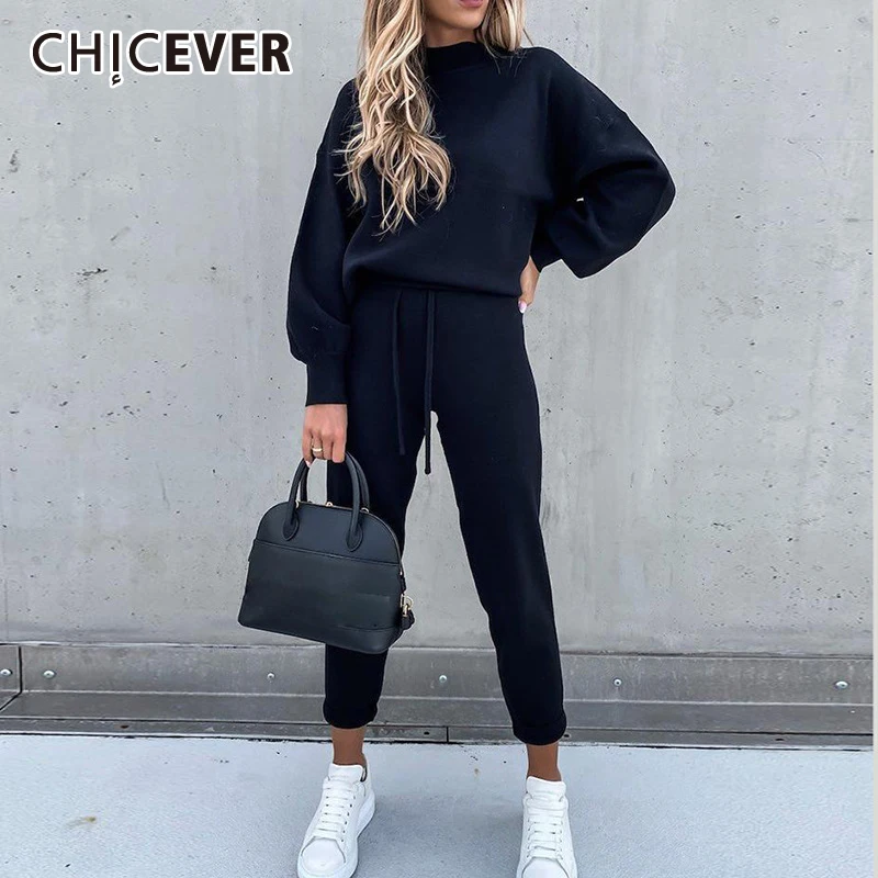 

CHICEVER, повседневный комплект из двух предметов для женщин, с круглым вырезом, с длинными рукавами, топы с высокой талией, на шнуровке, широкие штаны, свободные комплекты, женская одежда 2022