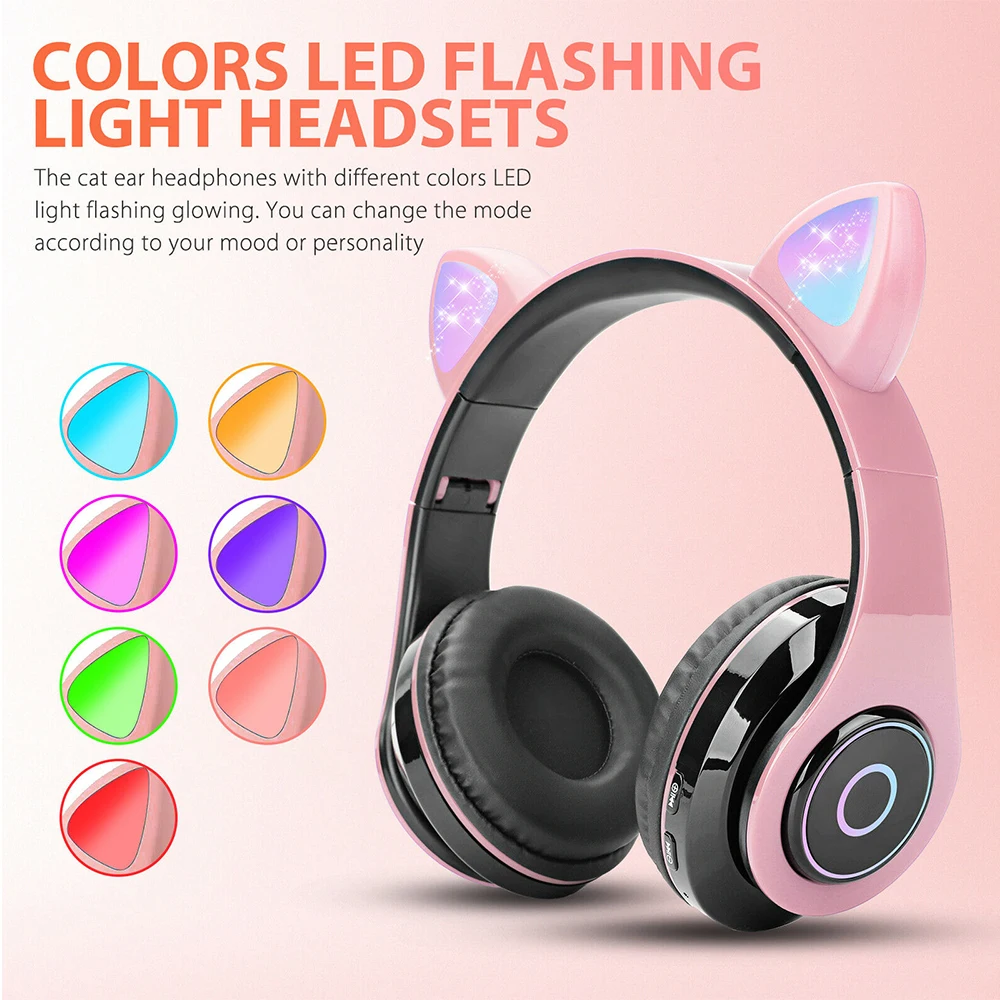 Bluetooth 5 0 Wireless Wired LED Cat Ear Headset Noise Cancelling Headphones w Mic Headphone Support TF Card For Kids Girls