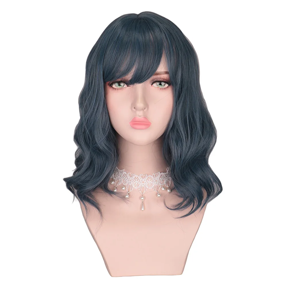 

QQXCAIW Short Wavy Bangs/Fringe Wig For Women Female Mixed Blue Gray Grey Heat Resistant Synthetic Hair Wigs Cosplay Party