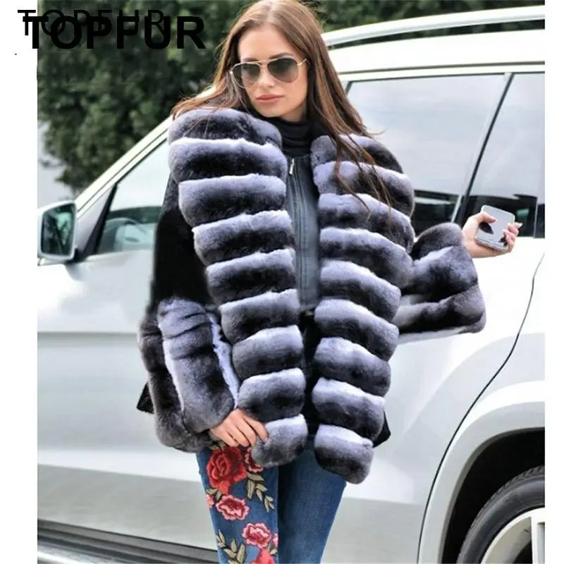 TOPFUR роскошный Теплый большой отложной меховой воротник женская мода шуба из кролика Рекс Повседневная зимняя куртка с мехом кролика рекс
