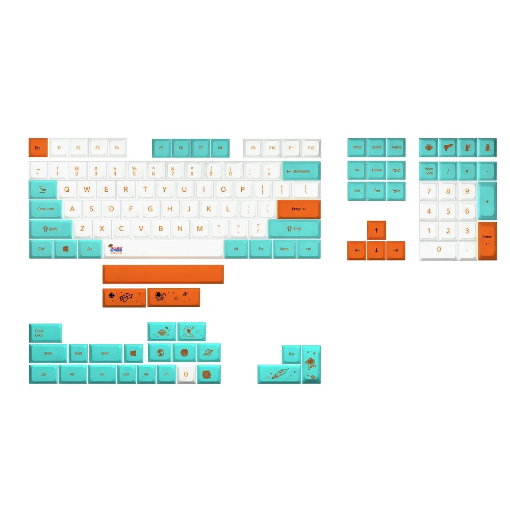 Xda v2 Planeta Feliz Tintura Sub Keycap Conjunto Grosso Pbt para Teclado Gh60 Poker 87 Tkl 104 Ansi Xd64 Bm60 Xd68 Xd84 Xd96 Laranja Ciano - Imagem 2