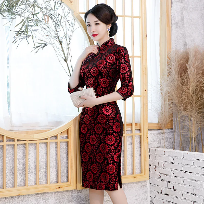 Велюровые негабаритные Мини женские Qipao с черным цветком Cheongsam Формальные Вечерние платья винтажные кнопки сексуальные женские китайские трагитальные платья