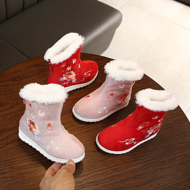 Kids Boots Embroidery Cloth Boots Baby Girls Plus Velve Keep Warm Snow Booties Non-slip Comfortable Safe for Kids ST031
