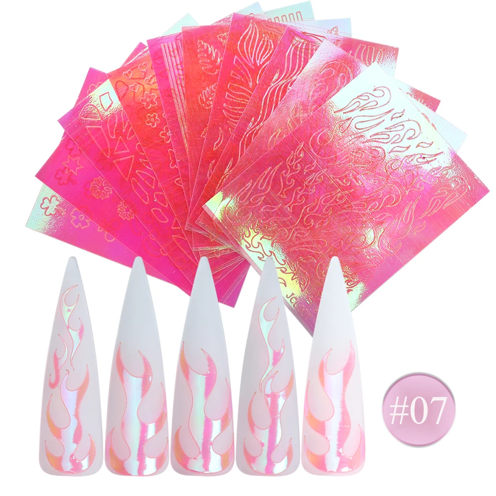 10 шт., стикеры 3D на ногти Nail Art с пламенем, голографические лазерные наклейки, огненный лист, Геометрические линии, слайдеры, фольги для ногтей, клейкие обертывания SA1525 - Цвет: 07