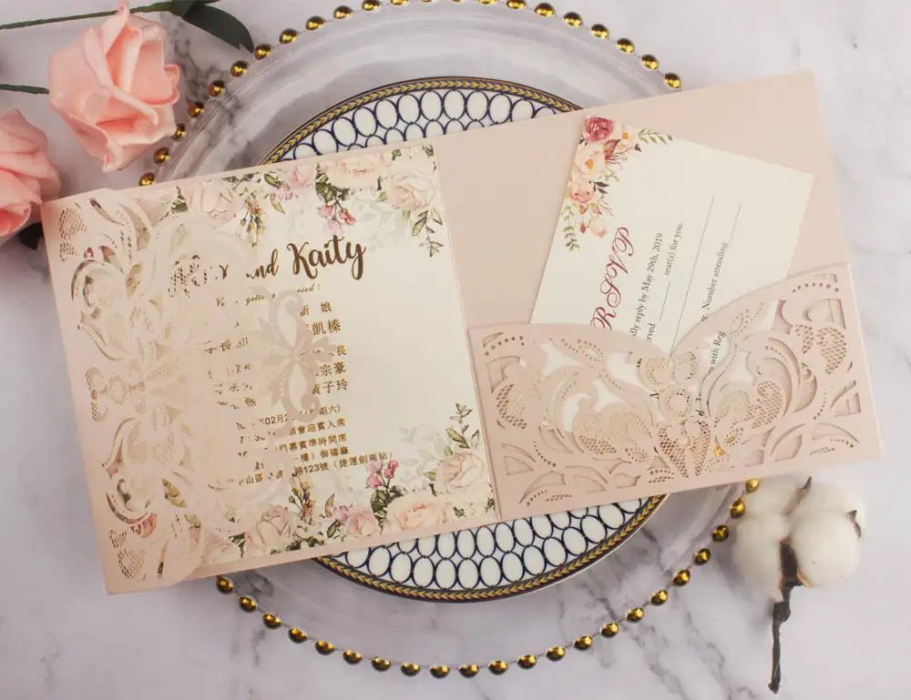 10pcs/lot pearl paper square pocketfold cards Laser Cut Wedding invitation Cards three folded Greeting cover for party supplies - Цвет: light pink