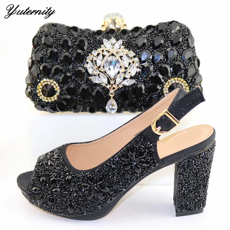 

Autumn Style Sexy Ladies Party Shoes And Bags Set Usage Evening Dress Black Color Square Heels Shoes And Matching Bag Set