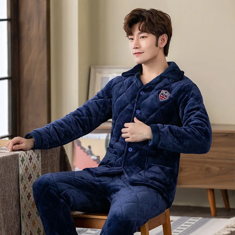 

Autumn & Winter Thick Quilted Men Thick Middle Aged And Elderly People Pajamas Coral Velvet Three Layer Plus-sized Solid Color L