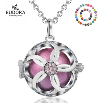 

EUDORA 18mm Flower Design Locket Cage Pendant Female Long Necklace with Colorful Chime Mexican Bola Pregnancy Jewelry K230N18