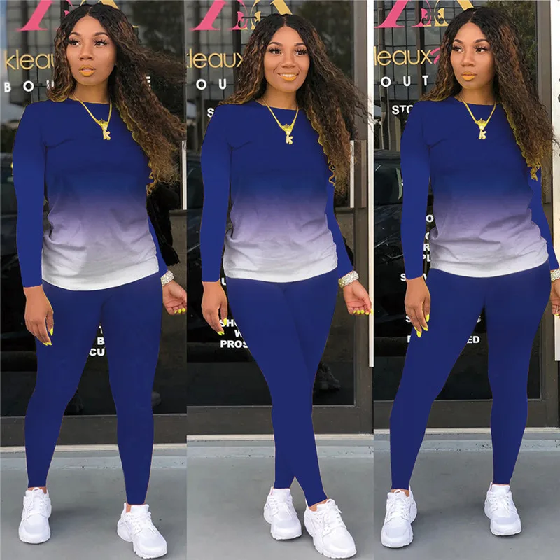 

Women's Two Piece Outfit Jogger Suit Gradient Long Sleeve Pullover T-shirts Tops+Pants Leggings Set Casual Tracksuit Sweat Suits