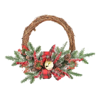 

Christmas Wreath Artificial Plant Rattan Circle Bowknot Pine Cone Bell Door Xmas Garland Holiday Hanging for Home Decor