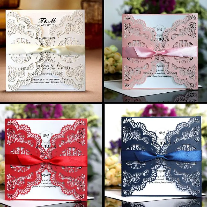 50pcs Wedding Invitation Card with ribbon Laser Cut Floral Glittering Engagement Baptism Invitations Birthday Greeting Card