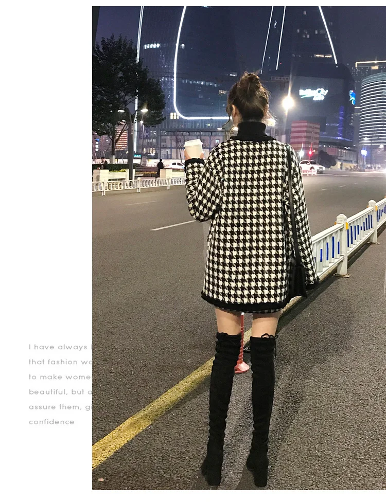 Black/white plaid tweed jacket+ skirt suit autumn / winter women's wool coat jacket houndstooth hip ladies 2 piece skirt suit