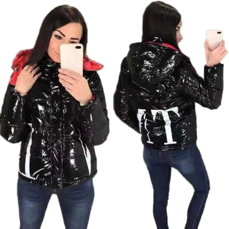 

FORERUN Winter Coat Women Glossy Short Slim Hodded Jackets Letter Print Thick Cotton Padded Wind-proof Bubble Parkas Mujer 2019