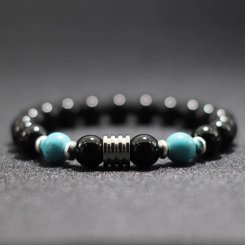 10mm Handmade Black Obsidian Beads Bracelet Charms Stainless Steel Mens Bracelet for Male Armband Party
