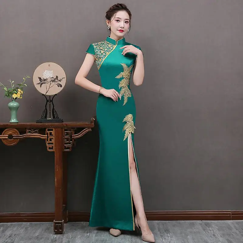 Сексуальное женское длинное платье Cheongsam с кружевным цветком, летнее винтажное платье в китайском стиле длиной до щиколотки, Qipao, тонкие вечерние платья с пуговицами, Vestido - Цвет: Зеленый