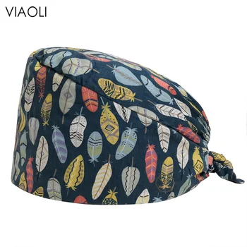 Billig Frauen Männer Staub Proof Hüte Schönheit Salon Arbeit Peeling Caps Farbige Federn Drucken Scrubs Hut 100% Baumwolle Spa Pet Shop Arbeits Kappe