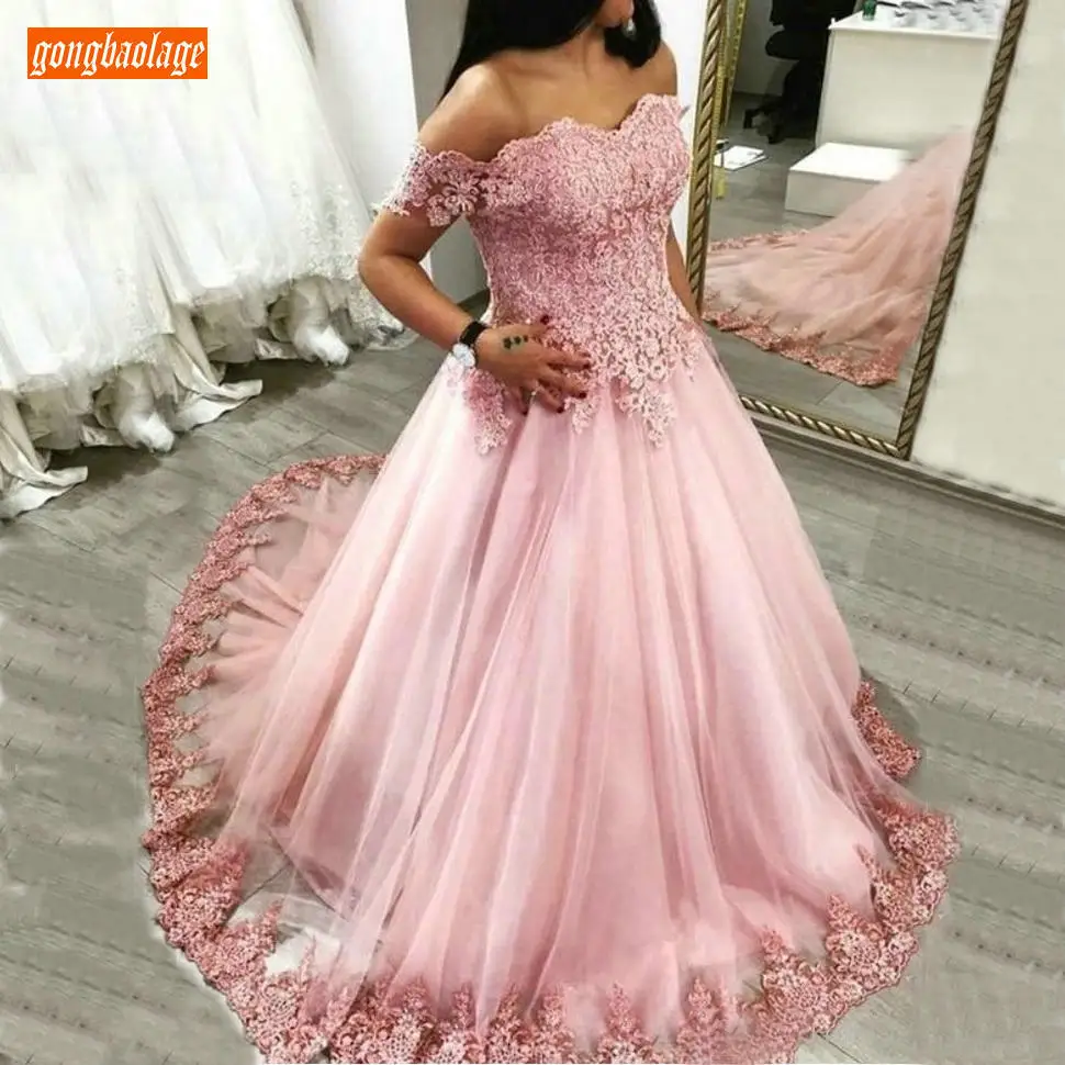 Романтические Розовые Вечерние платья Boho с открытыми плечами Тюль с аппликацией вечерние кружевные платья бальное платье знаменитостей женские вечерние платья
