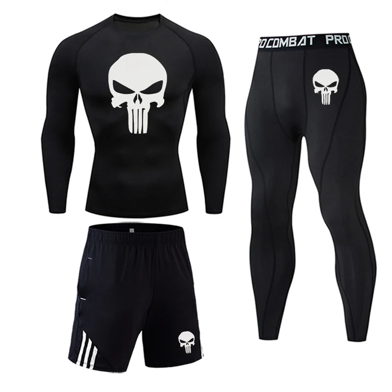 Bajo costo Traje completo de 3 piezas para hombre, ropa interior térmica de invierno con estampado de calavera rashgard, medias deportivas de compresión para trotar, MMA Tactics dV5nXX08j