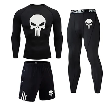 3 Piece Men's Full Suit Tracksuit MMA Tactics winter thermal underwear Skull rashgard Male Compression sport Tights jogging suit 1