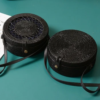 

Black Round Rattan Bags For Women Crossbody Bag Handmade Woven Circle Shoulder Bag Female Handbags