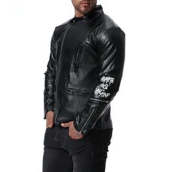 

2019 Men Locomotive Style Leather Jacket with Zipper Clothes with Letters Printed Pu Leather Jacket Fashion Mens Leather Jacket