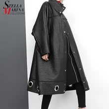 Новинка, корейский стиль, женский зимний черный Тренч из искусственной кожи, Женская длинная куртка из искусственной кожи, верхняя одежда J226