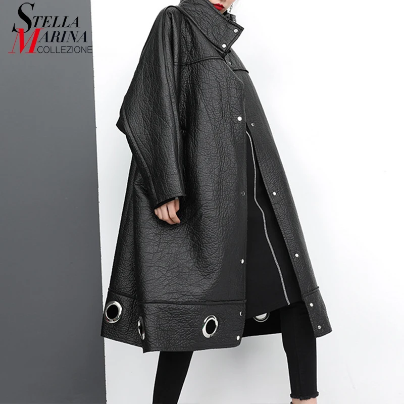 Новинка 2019 корейский стиль женский зимний черный Тренч из искусственной кожи